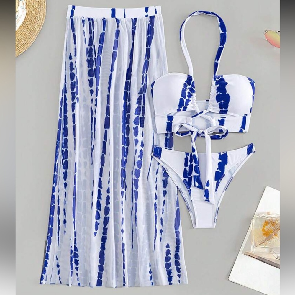 SHEIN Blue and White 3-piece Swim Set